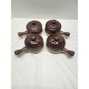 Vintage French Onion Soup Stoneware Crocks with Lids Brown Two Tone Set of 4